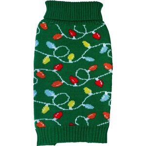 Dog Sweater Size Small Woof Holiday Green 13 x 12 Red Blue Orange yellow Lights